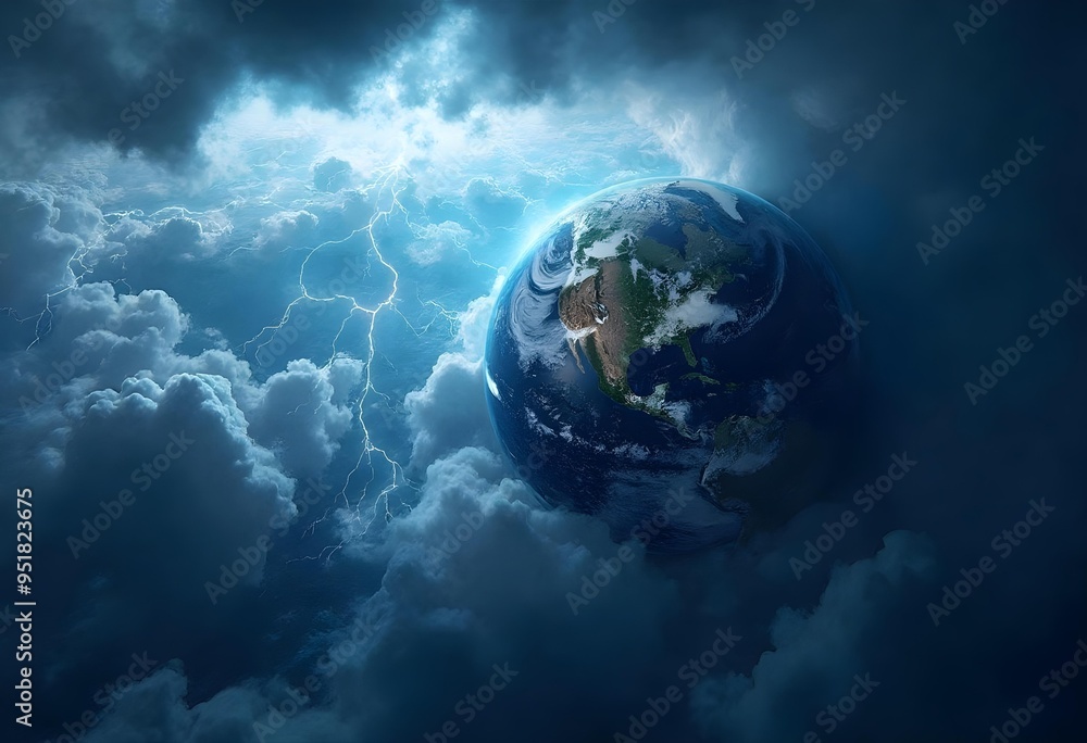 Obraz premium Dramatic Earth from Space Surrounded by Storm Clouds and Lightning