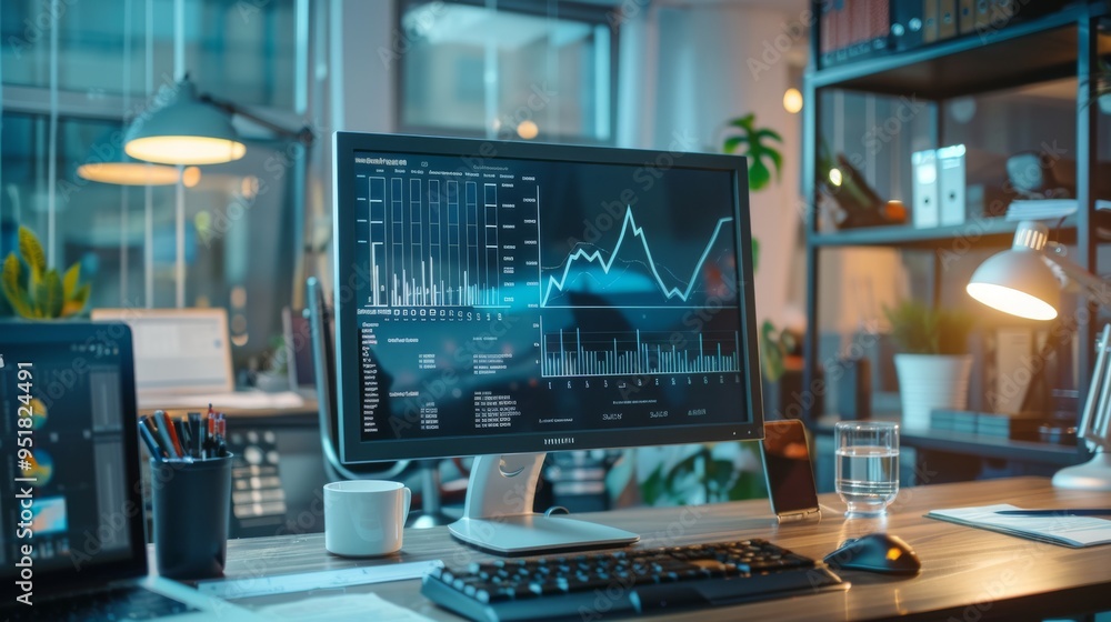 A sleek, modern workstation with multiple screens showing dynamic financial data and graphs in a well-lit office. A sleek, modern workstation with multiple screens showing dynamic financial data and graphs in a well-lit office.