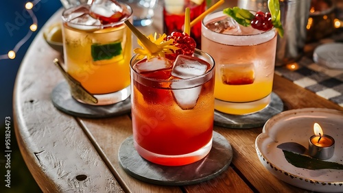 Close-up view of glasses with alcohol cocktails on wooden table photo