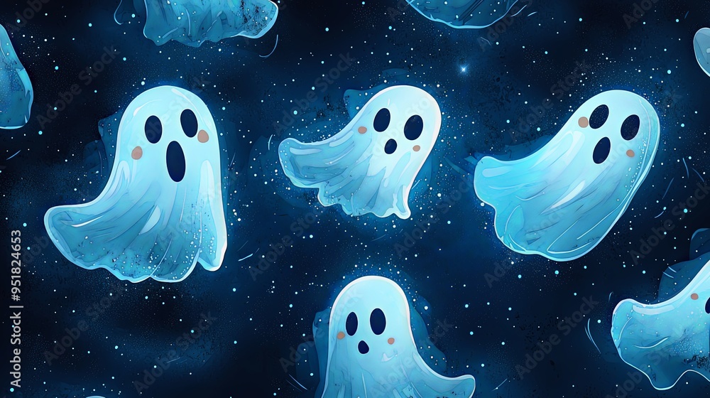 This image features adorable blue ghosts floating cheerfully in a starry night sky, creating a whimsical and captivating Halloween illustration. This image features adorable blue ghosts floating cheerfully in a starry night sky, creating a whimsical and captivating Halloween illustration.