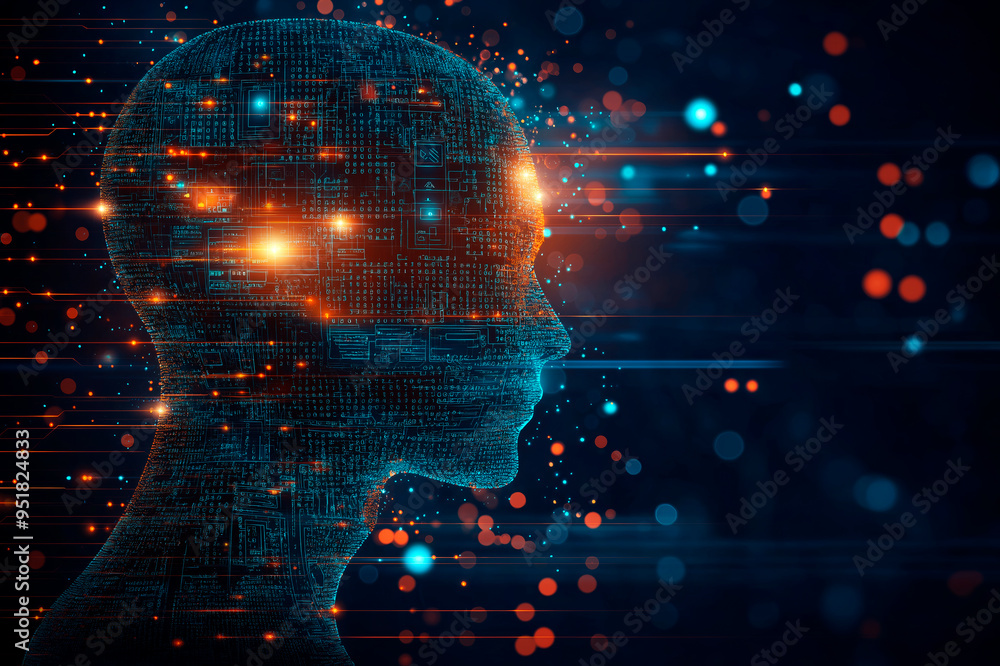 Digital human head silhouette with glowing data patterns on dark tech background. Ai generative. Digital human head silhouette with glowing data patterns on dark tech background. Ai generative.