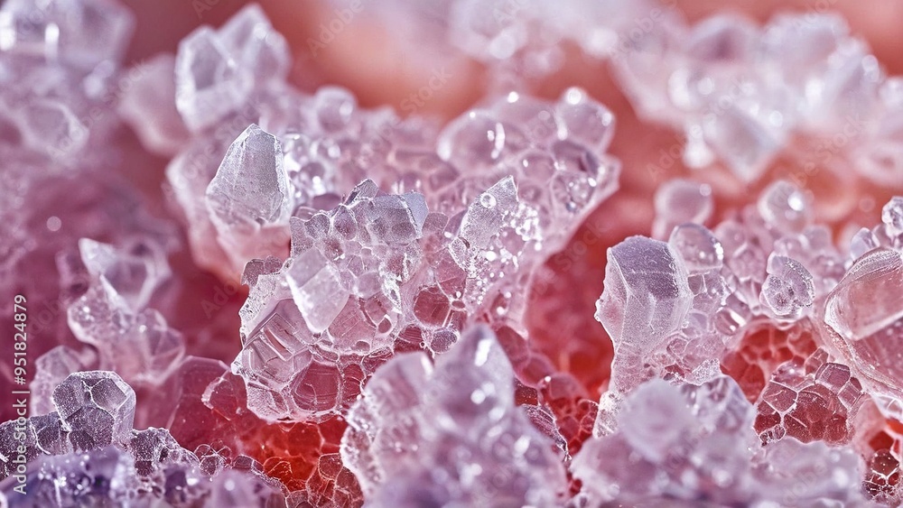 Close-up of a textured, translucent, pink, and white surface. The texture is abstract, with a rough, irregular, and bubbly appearance. Close-up of a textured, translucent, pink, and white surface. The texture is abstract, with a rough, irregular, and bubbly appearance.