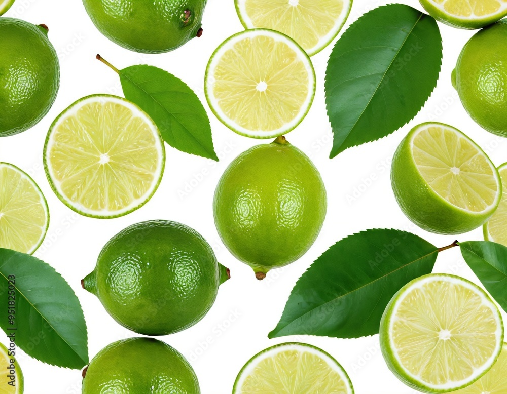 Lime fruits with slices and green leaves isolated on white background. Top view. Flat lay. Ai generated image Lime fruits with slices and green leaves isolated on white background. Top view. Flat lay. Ai generated image