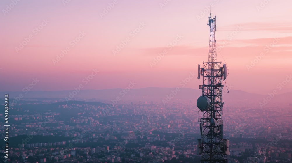 Obraz premium A communication tower stands tall against a serene, pastel-colored sunset skyline, symbolizing connectivity in an expanding urban landscape.