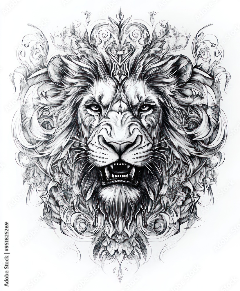 A detailed, artistic illustration of a lion's head surrounded by intricate floral designs. A detailed, artistic illustration of a lion's head surrounded by intricate floral designs.