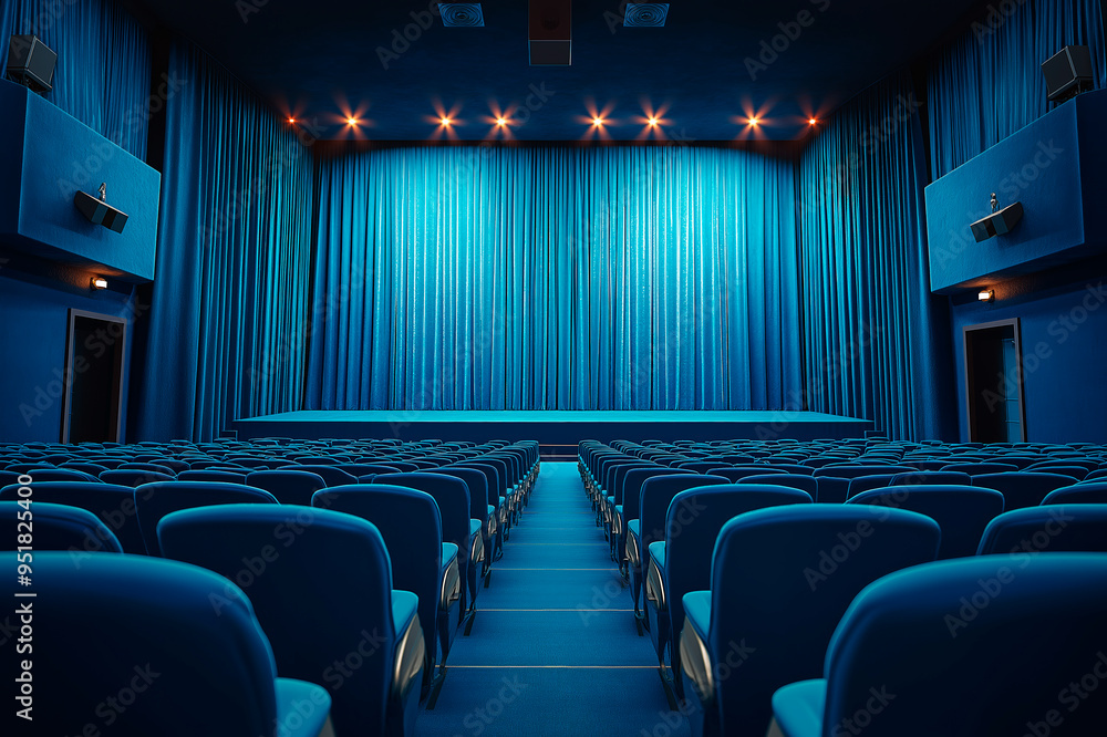 Fototapeta premium Empty blue theater hall with rows of seats and stage with closed curtains. Ai generative.