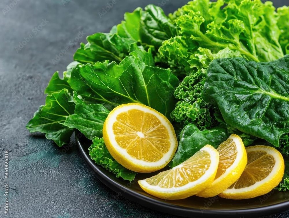 Fresh greens and lemon slices on a plate, perfect for healthy meal preparation and vibrant presentation. Fresh greens and lemon slices on a plate, perfect for healthy meal preparation and vibrant presentation.