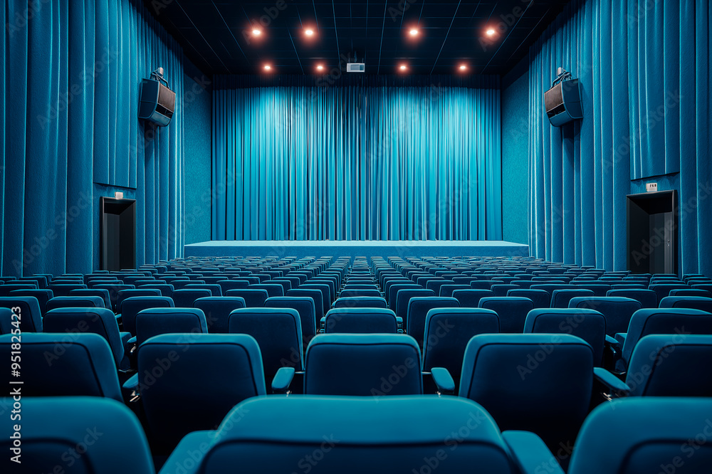 Fototapeta premium Empty theater with rows of blue seats facing a stage with closed blue curtains.