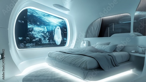 Ethereal Dreamscapes: 3D Futuristic Bedroom with Interactive Wall Display and Climate-Controlled Bed