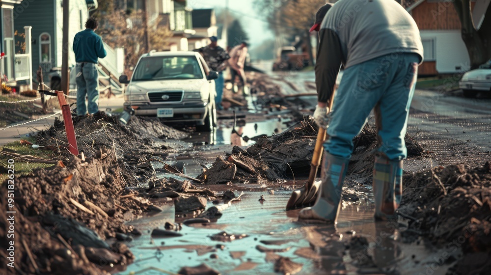 Workers in muddy street fixing infrastructure after a storm, showcasing teamwork and resilience in a post-disaster setting. Workers in muddy street fixing infrastructure after a storm, showcasing teamwork and resilience in a post-disaster setting.