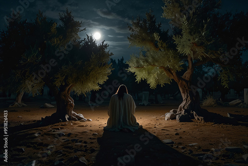 Jesus Christ Praying in the Garden of Gethsemane, Artistic Style Depiction with Spiritual Atmosphere and Detailed Imagery new beautiful stock image illustration AI