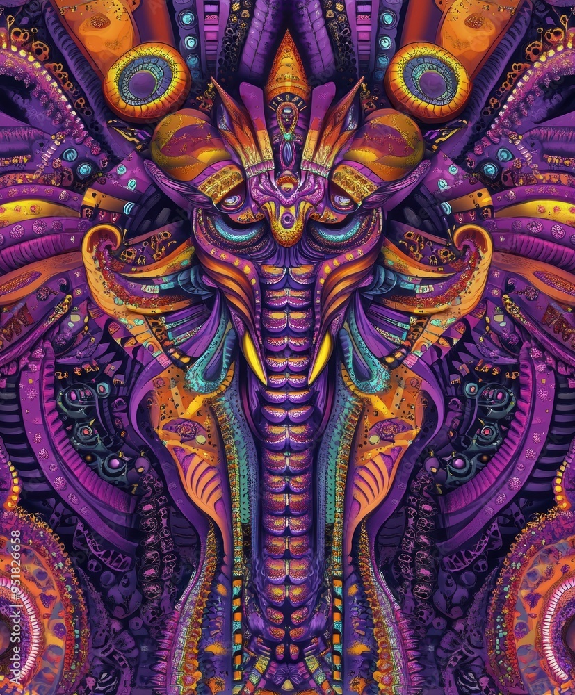 Naklejka premium A vibrant, abstract depiction of an elephant with intricate patterns and colors.