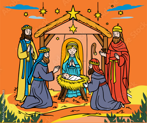 colourful Nativity scene depicting baby Jesus, Mary, Joseph and the Magi in Bethlehem simple line drawing