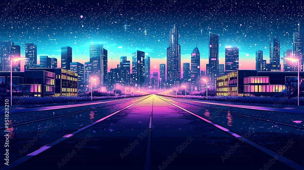 Fototapeta premium Vibrant city skyline at night with colorful neon lights and starry sky.