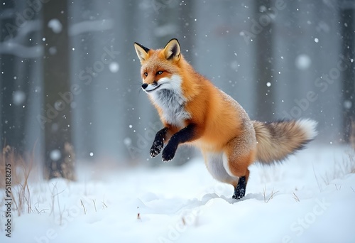 Vibrant Orange Fox Mid-Leap in a Snowy Forest