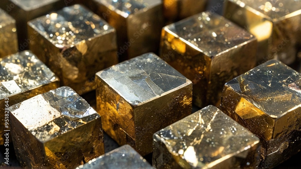 Close-up of golden pyrite cubes, a natural mineral with a metallic shine. The cubes are arranged in a pattern and reflect light. Close-up of golden pyrite cubes, a natural mineral with a metallic shine. The cubes are arranged in a pattern and reflect light.