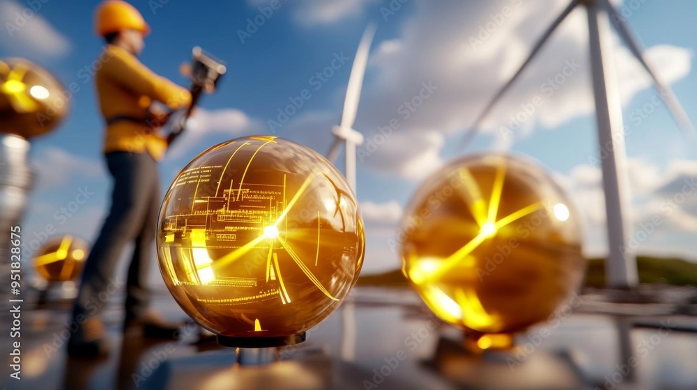 Photorealistic view of engineer overseeing wind power technology with automated systems, detailed monitoring, bright daylight, hightech environment, sharp focus, modern innovation Photorealistic view of engineer overseeing wind power technology with automated systems, detailed monitoring, bright daylight, hightech environment, sharp focus, modern innovation