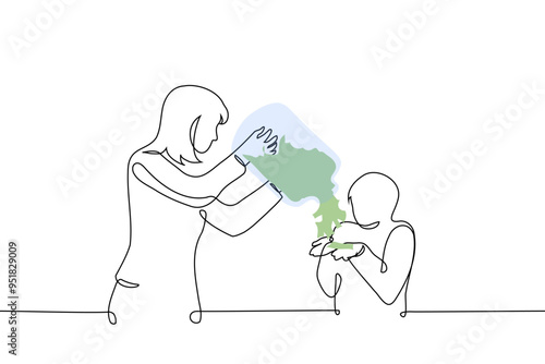 mother pours paper money from a large jar into her son's hands - one line art vector. metaphor investing in children, spoiling children, offspring of wealthy families