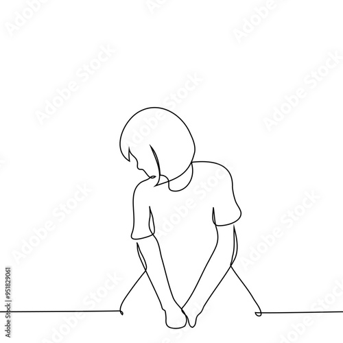 woman sitting very sad with head down - one line art vector. concept sadness, sorrow, apathy
