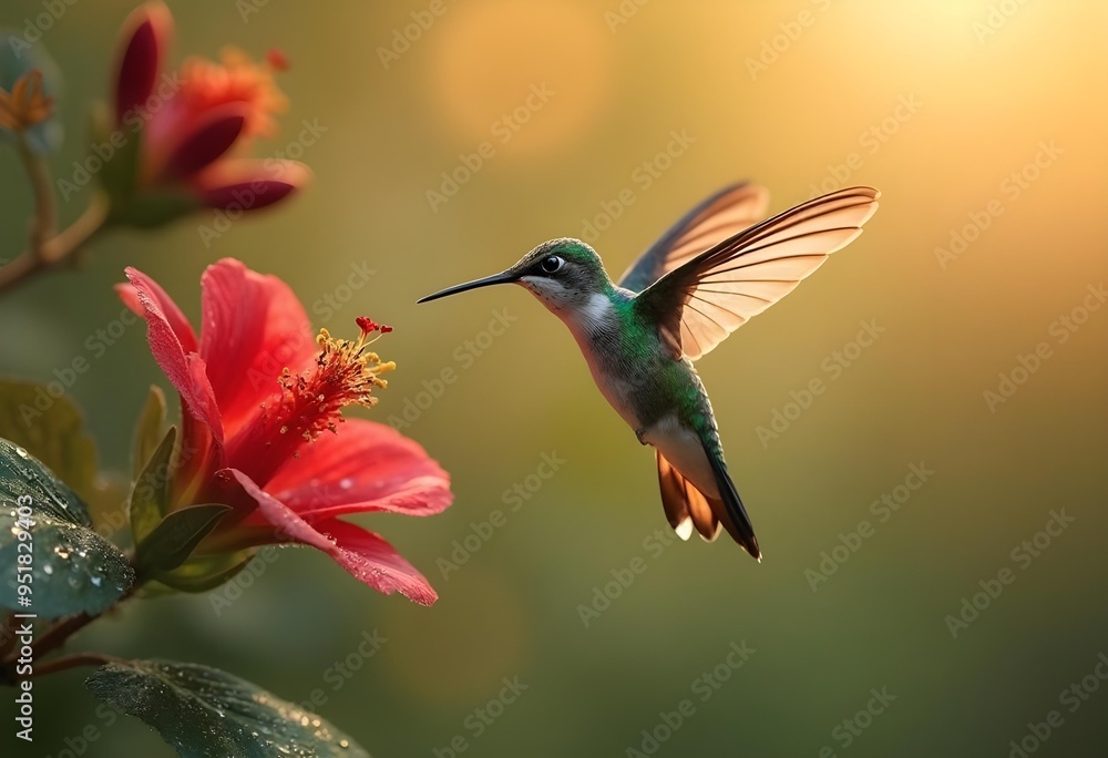 Hummingbird in Midflight Feeding from Vibrant Red Flower Hummingbird in Midflight Feeding from Vibrant Red Flower