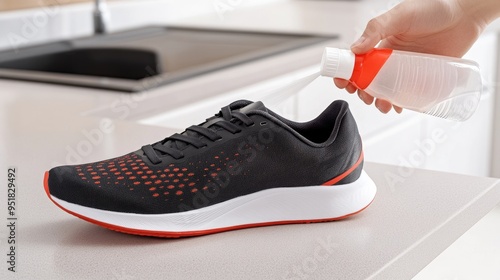 Freshening up running shoes with deodorizing spray in a clean kitchen environment
