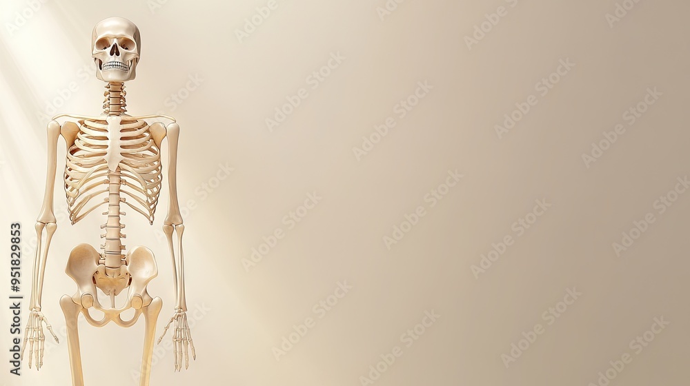 A lifelike skeleton model stands illuminated by sunlight in a light beige setting, inviting creativity in available empty space above A lifelike skeleton model stands illuminated by sunlight in a light beige setting, inviting creativity in available empty space above
