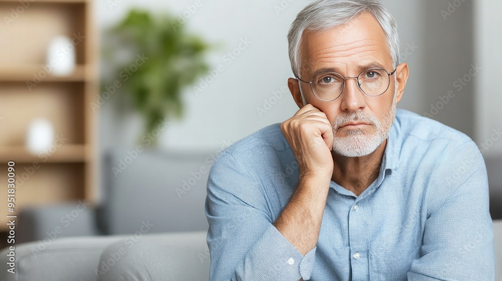 An elderly man ponders life while sitting thoughtfully on a comfortable sofa in a sunlit living room adorned with modern decor An elderly man ponders life while sitting thoughtfully on a comfortable sofa in a sunlit living room adorned with modern decor
