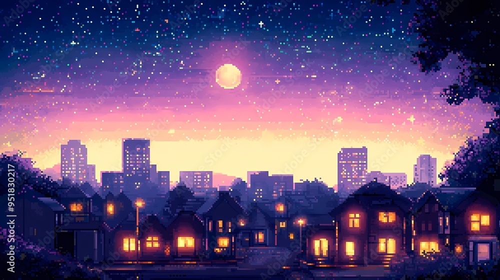 A serene pixel art scene of a city under a starry sky with glowing windows. A serene pixel art scene of a city under a starry sky with glowing windows.