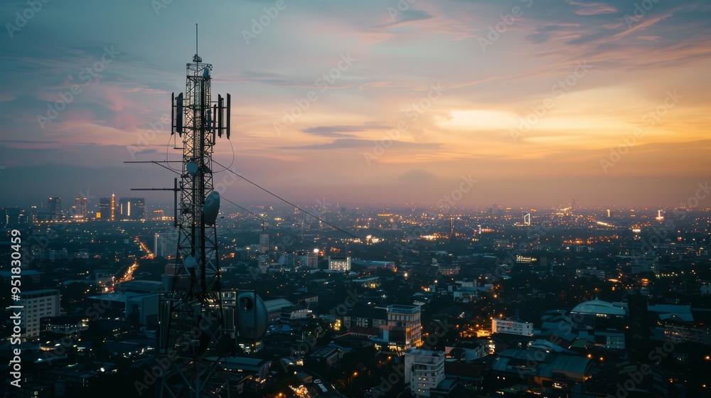 Fototapeta premium A communication tower rises against a vibrant cityscape at dusk, blending technology with the beauty of a colorful urban sunset.