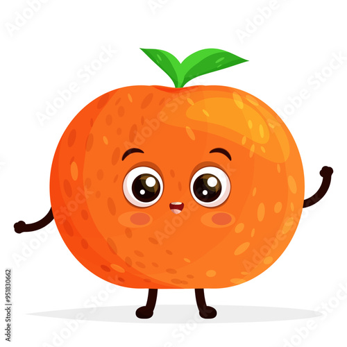 Cartoon character happy orange with green leafs standing and waving hand, excited smiling expression, saying hello, flat vector illustration isolated on white background.