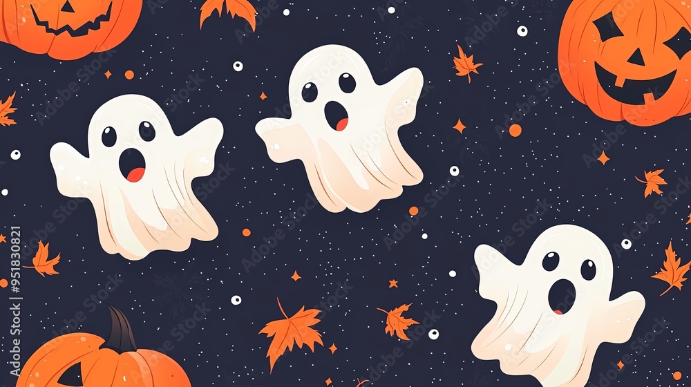 This image shows cartooned ghosts floating against a dark starry night sky with a Halloween theme, surrounded by pumpkins, fall leaves, and stars for a spooky ambiance. This image shows cartooned ghosts floating against a dark starry night sky with a Halloween theme, surrounded by pumpkins, fall leaves, and stars for a spooky ambiance.