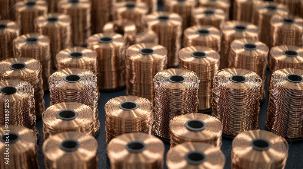 Copper wire spools in a manufacturing facility showcase the intricate production process for energy solutions Copper wire spools in a manufacturing facility showcase the intricate production process for energy solutions