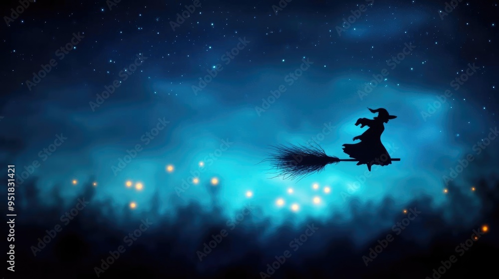 A mystical silhouette of a witch flying on a broomstick against a starry night sky, creating an enchanting atmosphere. A mystical silhouette of a witch flying on a broomstick against a starry night sky, creating an enchanting atmosphere.