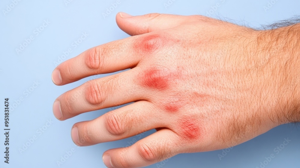 A close-up view of a hand displaying red spots on the skin, captured against a soothing pale blue background in delicate detail A close-up view of a hand displaying red spots on the skin, captured against a soothing pale blue background in delicate detail