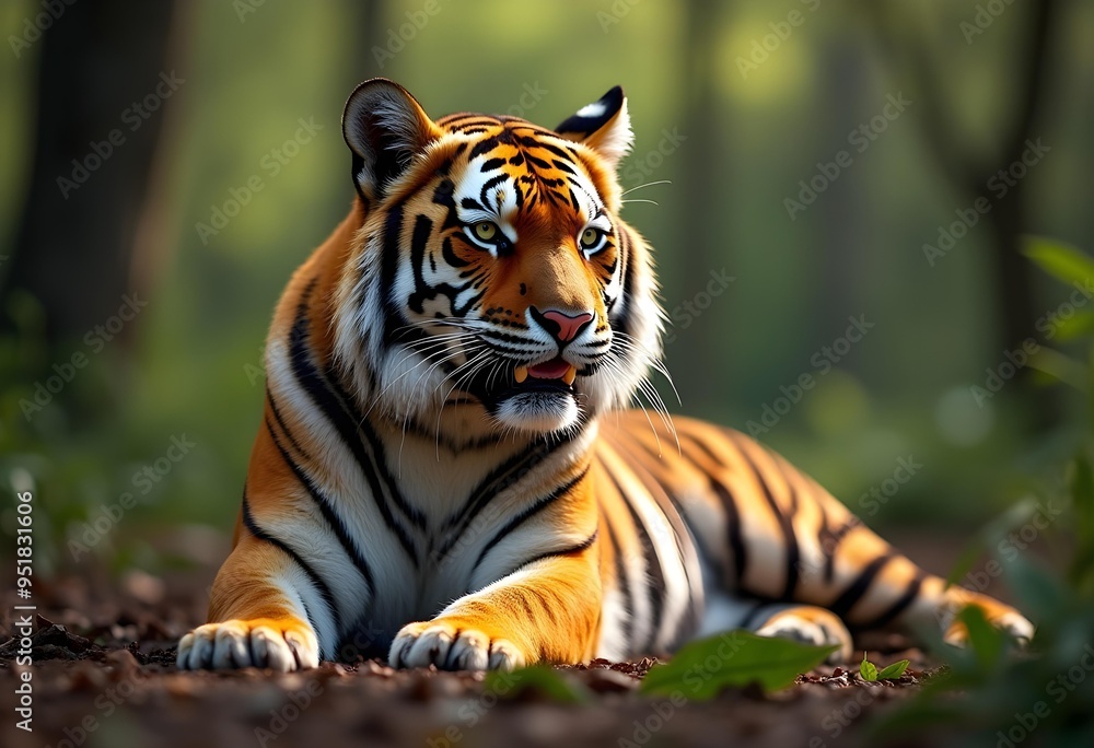 Majestic Bengal Tiger Resting in a Lush Forest Majestic Bengal Tiger Resting in a Lush Forest