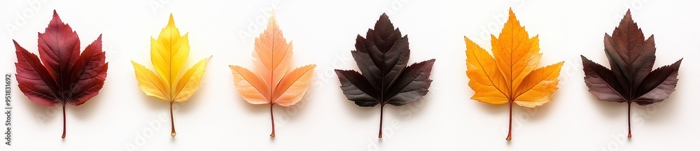 A set of colorful autumn maple leaves isolated on a white background, with copy space A set of colorful autumn maple leaves isolated on a white background, with copy space