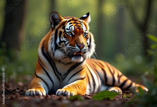 Majestic Bengal Tiger Resting in a Lush Forest photo