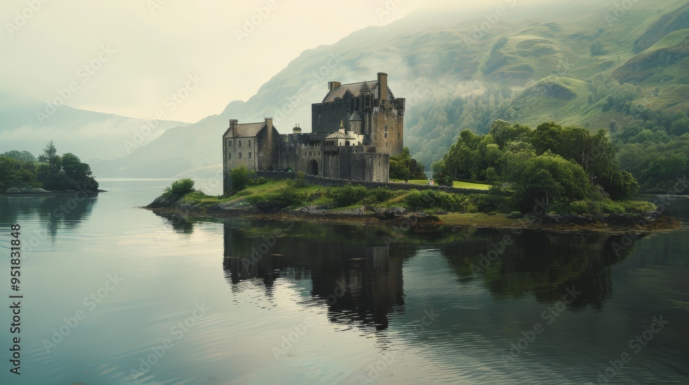 A stunning castle reflected on a serene lake, nestled among rolling hills and dense forests. A stunning castle reflected on a serene lake, nestled among rolling hills and dense forests.