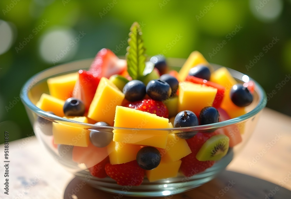 Fresh Fruit Salad with Mango, Blueberries, and Strawberries in a Glass Bowl Fresh Fruit Salad with Mango, Blueberries, and Strawberries in a Glass Bowl