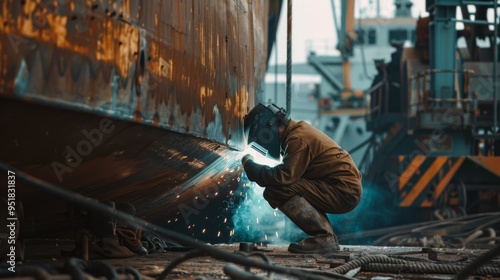 A solitary welder works diligently on a ship's hull, with sparks flying against a backdrop of an industrial shipyard. photo