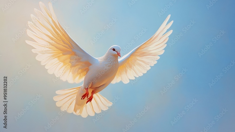 Obraz premium The Holy Spirit as a majestic dove, soaring upwards with wings fully extended, bathed in a divine glow against a clear blue sky