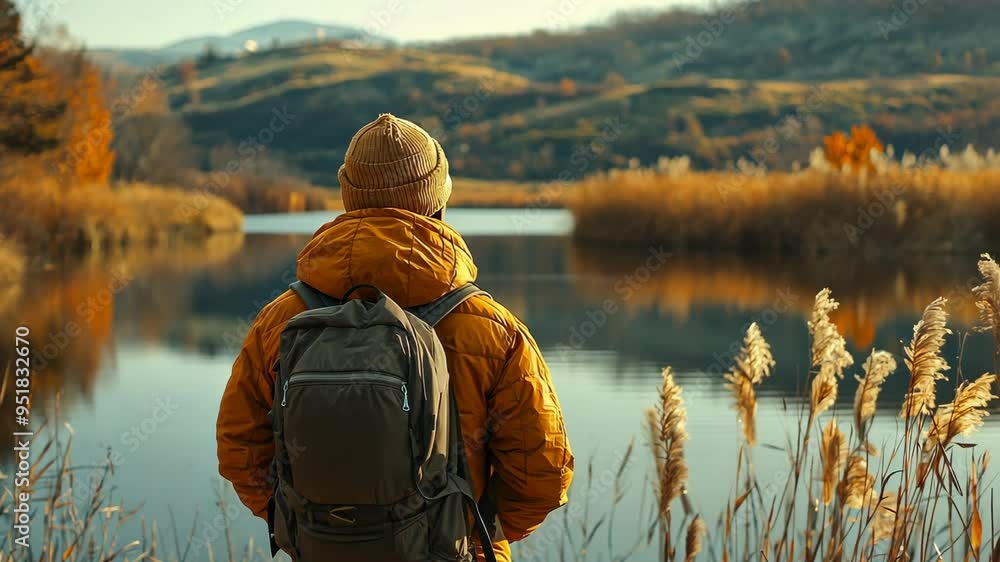 A person enjoys a peaceful hike near a calm lake surrounded by autumn colors, reflecting mountains in the distance and tall grass swaying gently A person enjoys a peaceful hike near a calm lake surrounded by autumn colors, reflecting mountains in the distance and tall grass swaying gently