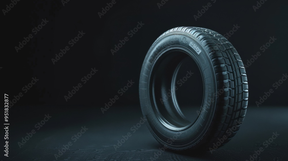 A single tire displayed against a dark, simple background, emphasizing its robust design and quality construction. A single tire displayed against a dark, simple background, emphasizing its robust design and quality construction.