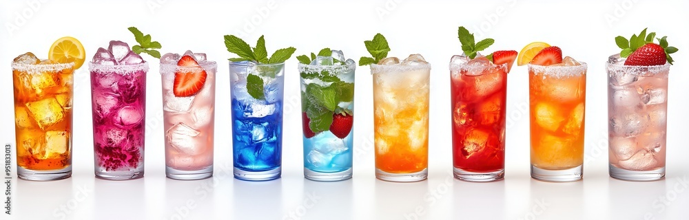 Set of colorful cocktails and margaritas with ice cubes in glasses, isolated on a white background Set of colorful cocktails and margaritas with ice cubes in glasses, isolated on a white background