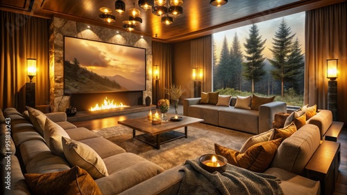 cozy evening cinematic sanctuary warm golden lighting plush sofas crackling fireplace cinematic projector screen ambient darkness intimate atmosphere photo