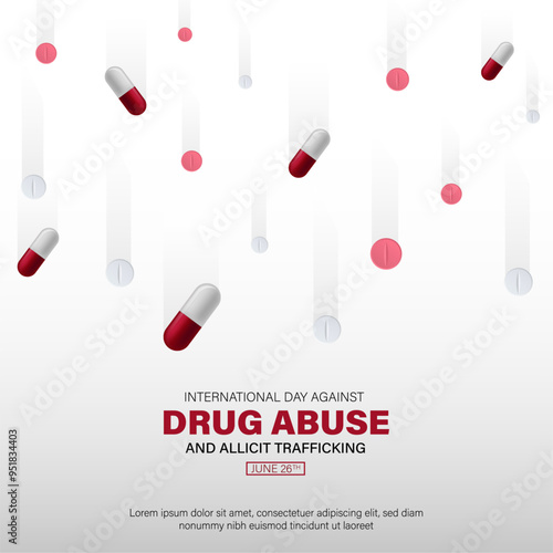 Design for international day against drug abuse and illicit trafficking background with falling capsules and pills.