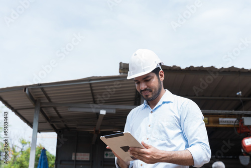 Asian male construction working at construction site. Male engineer working with digital tablet. Male engineer construction wear safety uniform and helmet at construction site