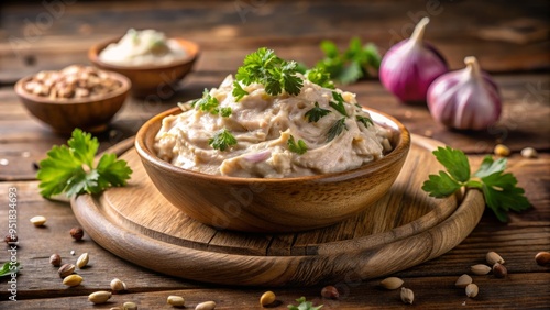 Creamy Twilight Freshness: Capture a warm, golden-lit, mouthwatering tuna and mayonnaise mixture on a rustic wooden table, with a delicate sprinkle of chopped onions and parsley.