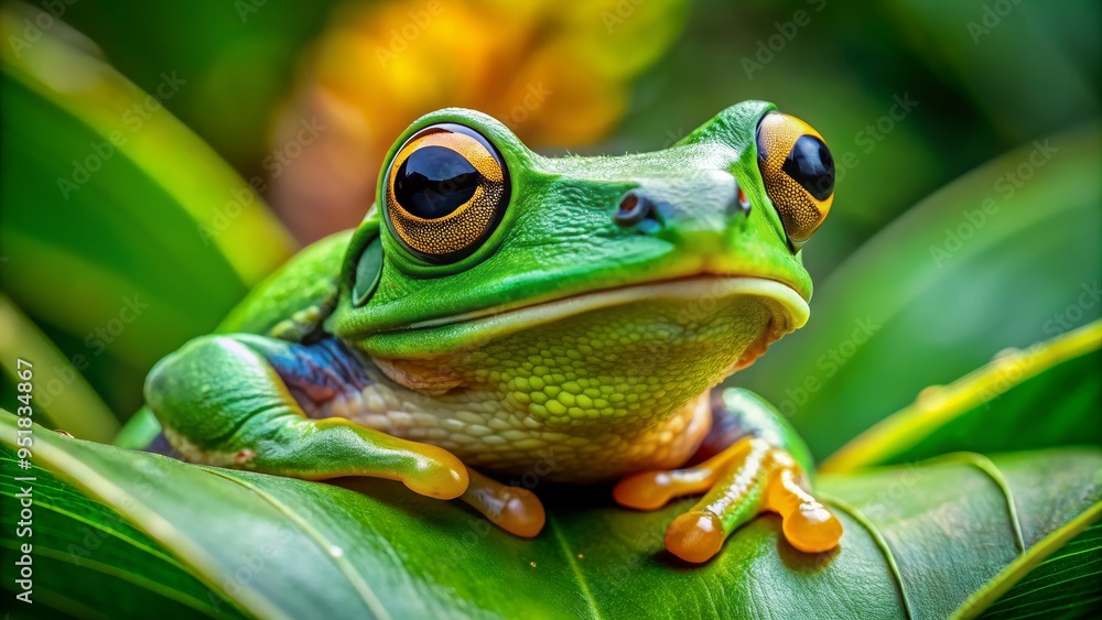 A Close-Up View of a Green Tree Frog with Orange Eyes on a Leaf, Macro Photography, Nature Photography, Amphibian, Green Tree Frog, frog, macro A Close-Up View of a Green Tree Frog with Orange Eyes on a Leaf, Macro Photography, Nature Photography, Amphibian, Green Tree Frog, frog, macro