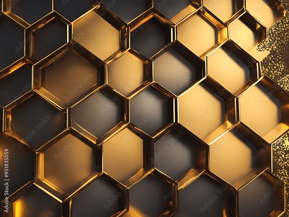 A luxury hexagonal abstract background with black metal texture and golden light lines presents a high-end, sophisticated look. A luxury hexagonal abstract background with black metal texture and golden light lines presents a high-end, sophisticated look.